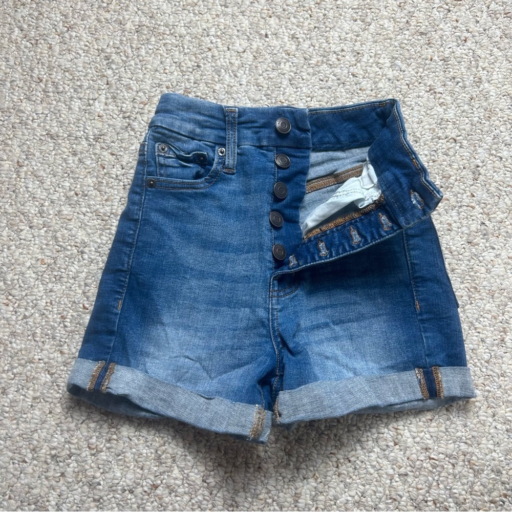 Aeropostale Super High Rise Curvy Midi Jean Shorts Women's 000 Blue Button Fly